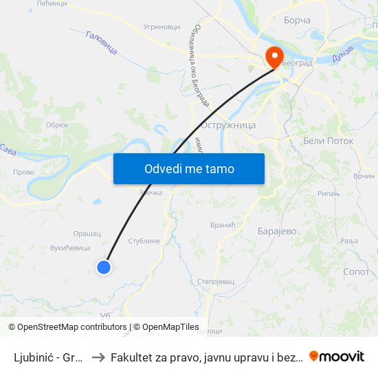 Ljubinić - Groblje to Fakultet za pravo, javnu upravu i bezbednost map