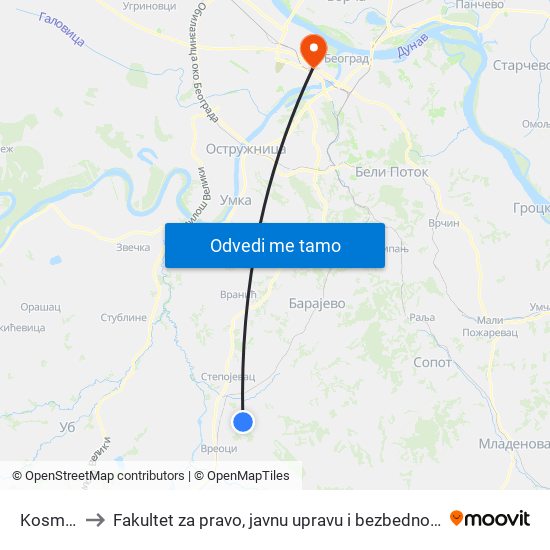 Kosmaj to Fakultet za pravo, javnu upravu i bezbednost map