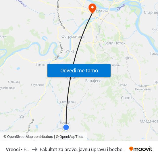 Vreoci - Feo to Fakultet za pravo, javnu upravu i bezbednost map