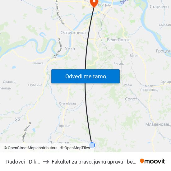 Rudovci - Dikovan to Fakultet za pravo, javnu upravu i bezbednost map