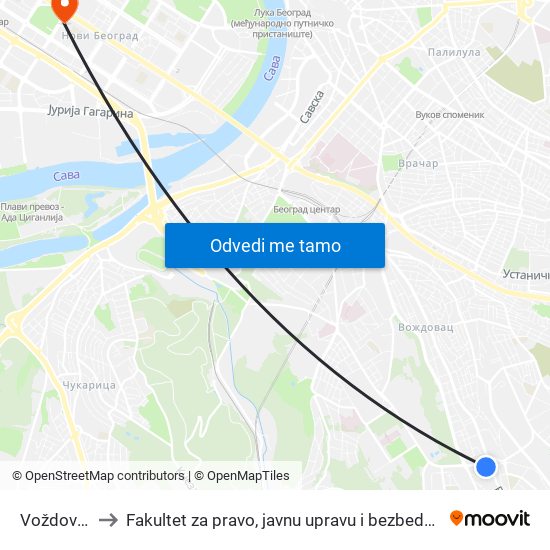 Voždovac to Fakultet za pravo, javnu upravu i bezbednost map