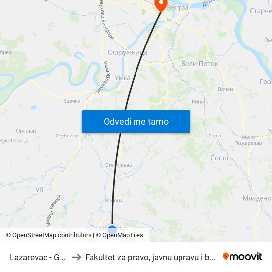 Lazarevac - Groblje to Fakultet za pravo, javnu upravu i bezbednost map