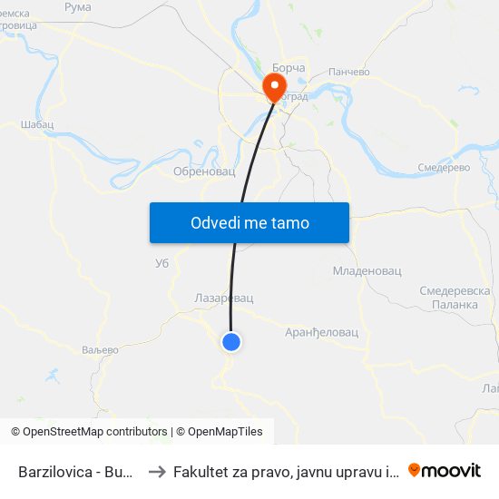 Barzilovica - Bug. Potok to Fakultet za pravo, javnu upravu i bezbednost map