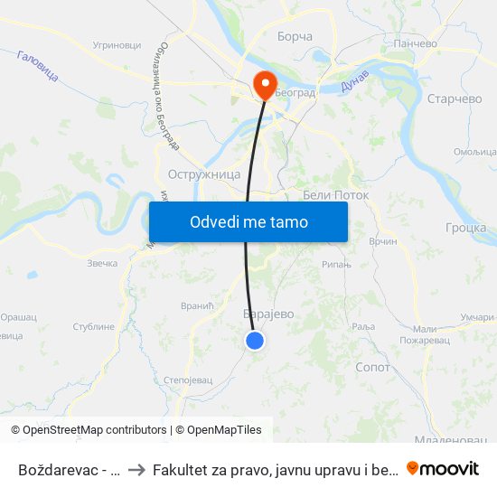 Boždarevac - Dom to Fakultet za pravo, javnu upravu i bezbednost map