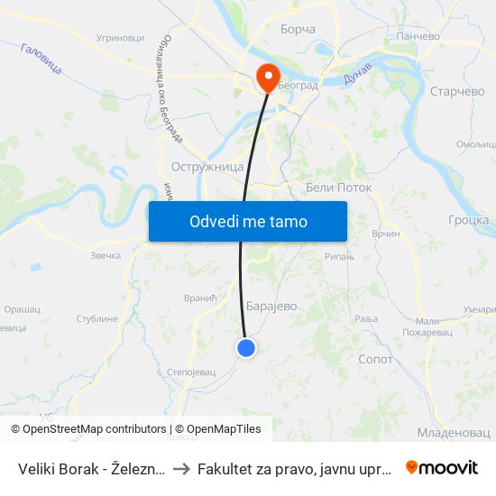 Veliki Borak - Železnička Stanica to Fakultet za pravo, javnu upravu i bezbednost map