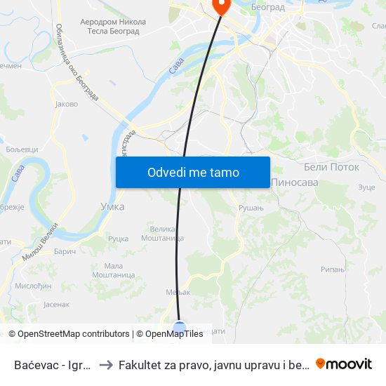 Baćevac - Igralište to Fakultet za pravo, javnu upravu i bezbednost map