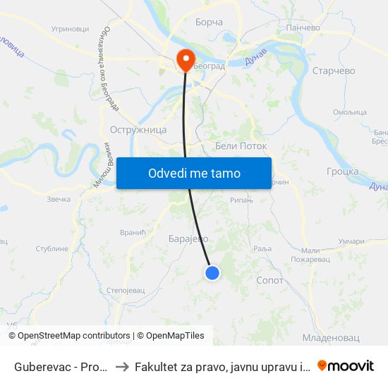 Guberevac - Prodavnica to Fakultet za pravo, javnu upravu i bezbednost map