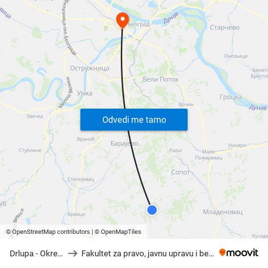 Drlupa - Okretnica to Fakultet za pravo, javnu upravu i bezbednost map