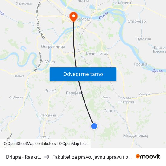 Drlupa - Raskrsnica to Fakultet za pravo, javnu upravu i bezbednost map