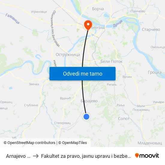 Arnajevo - R to Fakultet za pravo, javnu upravu i bezbednost map