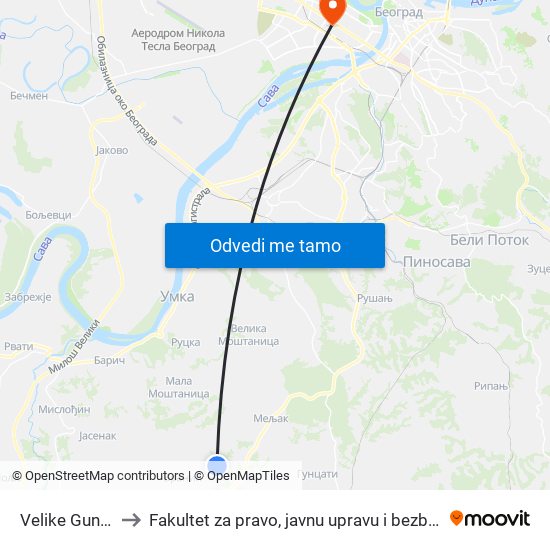 Velike Gunjice to Fakultet za pravo, javnu upravu i bezbednost map