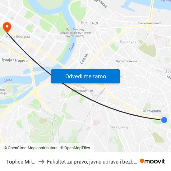 Toplice Milana to Fakultet za pravo, javnu upravu i bezbednost map