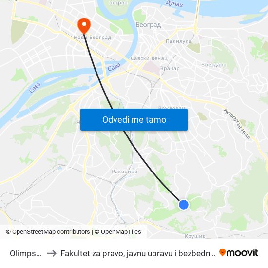 Olimpska to Fakultet za pravo, javnu upravu i bezbednost map