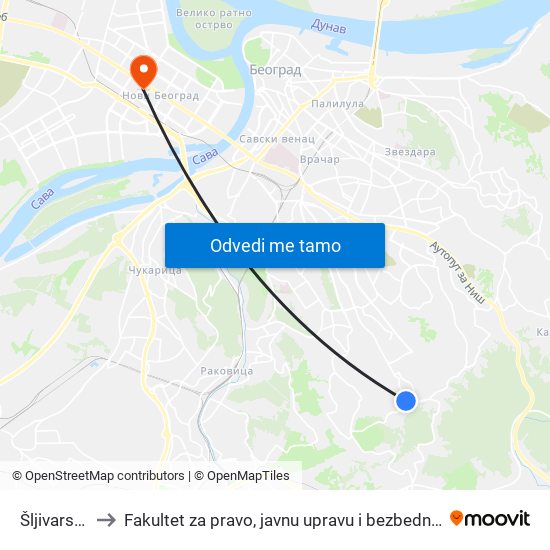 Šljivarska to Fakultet za pravo, javnu upravu i bezbednost map