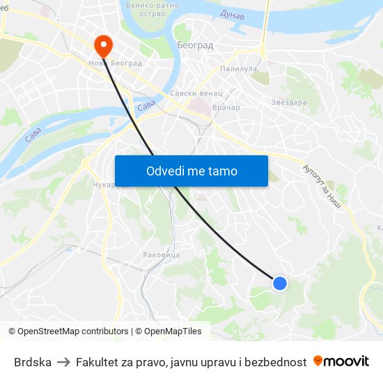 Brdska to Fakultet za pravo, javnu upravu i bezbednost map