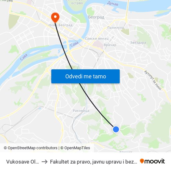 Vukosave Oljače to Fakultet za pravo, javnu upravu i bezbednost map