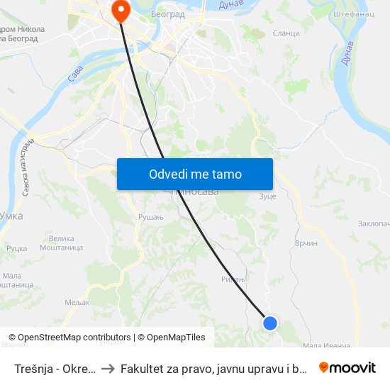 Trešnja - Okretnica to Fakultet za pravo, javnu upravu i bezbednost map