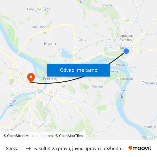 Snežana to Fakultet za pravo, javnu upravu i bezbednost map