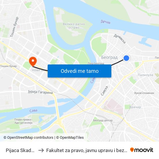 Pijaca Skadarlija to Fakultet za pravo, javnu upravu i bezbednost map