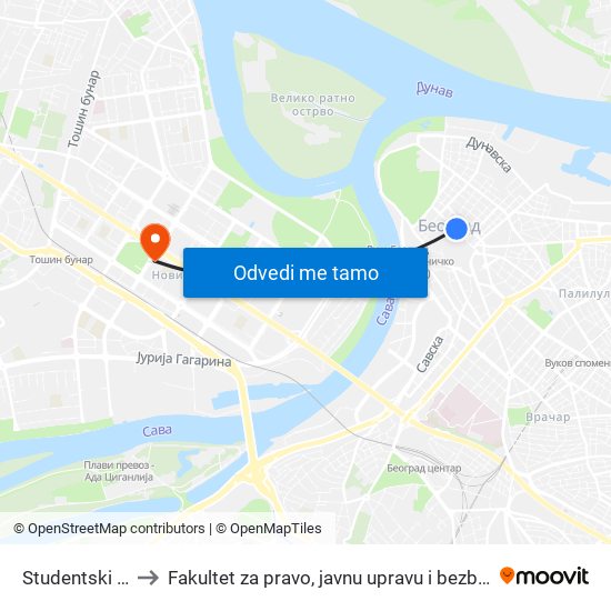 Studentski Trg to Fakultet za pravo, javnu upravu i bezbednost map