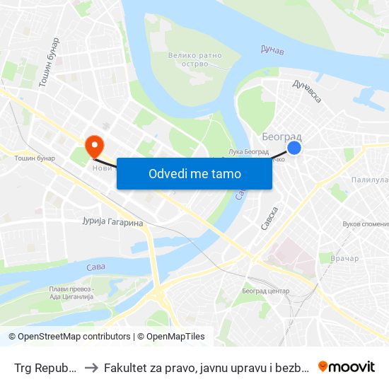 Trg Republike to Fakultet za pravo, javnu upravu i bezbednost map