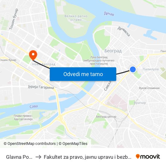 Glavna Pošta to Fakultet za pravo, javnu upravu i bezbednost map