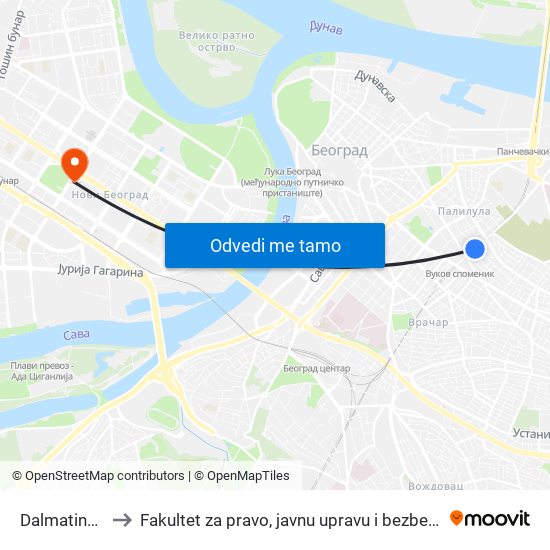 Dalmatinska to Fakultet za pravo, javnu upravu i bezbednost map