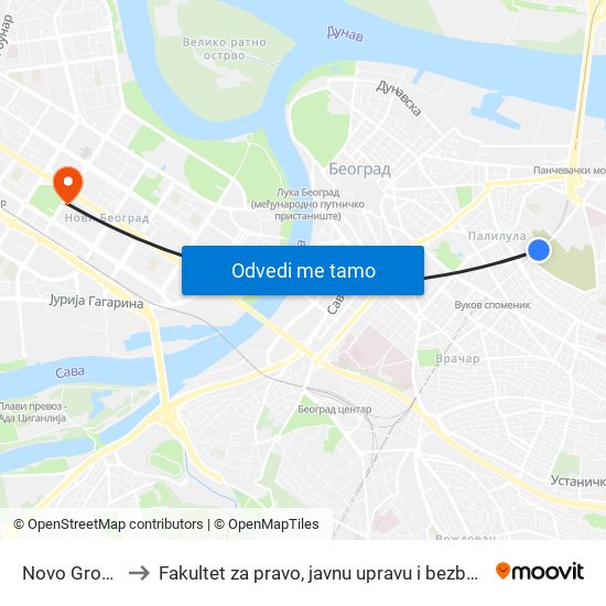 Novo Groblje to Fakultet za pravo, javnu upravu i bezbednost map