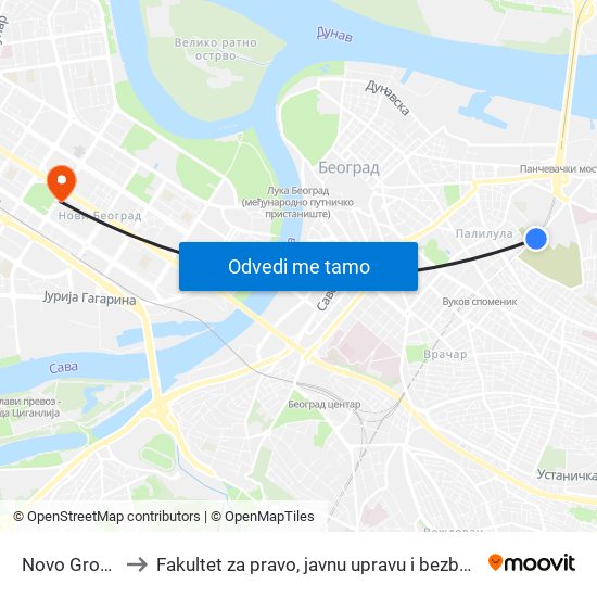 Novo Groblje to Fakultet za pravo, javnu upravu i bezbednost map