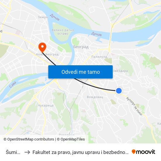 Šumice to Fakultet za pravo, javnu upravu i bezbednost map