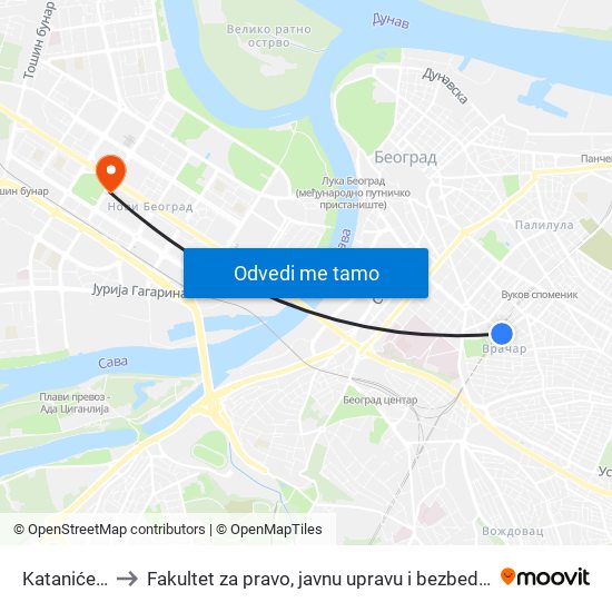 Katanićeva to Fakultet za pravo, javnu upravu i bezbednost map