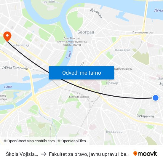 Škola Vojislav Ilić to Fakultet za pravo, javnu upravu i bezbednost map