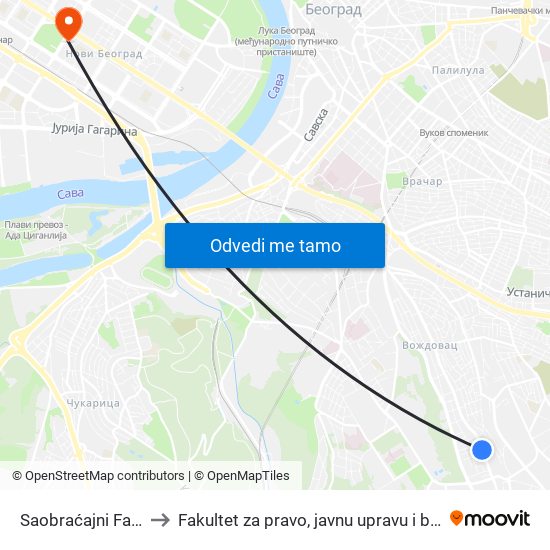 Saobraćajni Fakultet to Fakultet za pravo, javnu upravu i bezbednost map