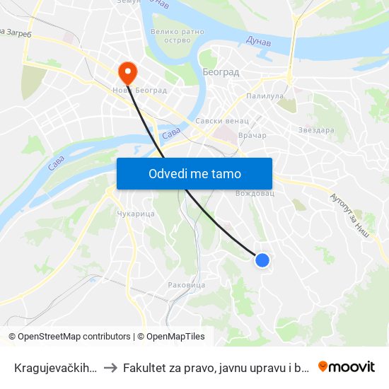 Kragujevačkih Đaka to Fakultet za pravo, javnu upravu i bezbednost map