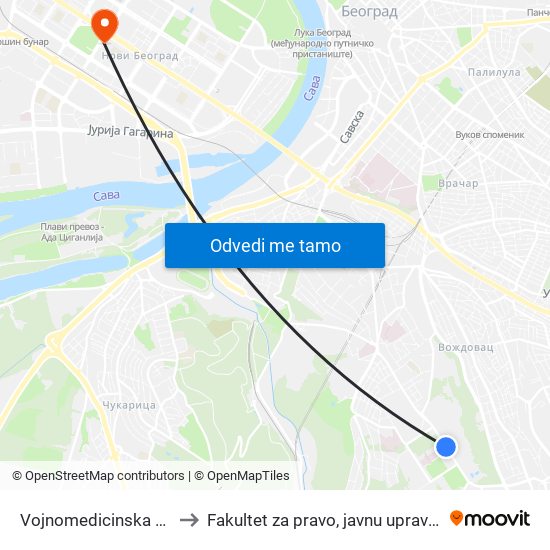 Vojnomedicinska Akademija to Fakultet za pravo, javnu upravu i bezbednost map