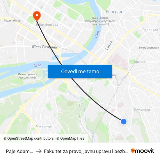 Paje Adamova to Fakultet za pravo, javnu upravu i bezbednost map