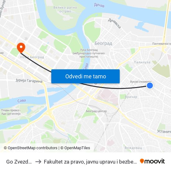 Go Zvezdara to Fakultet za pravo, javnu upravu i bezbednost map