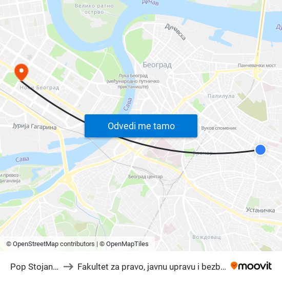 Pop Stojanova to Fakultet za pravo, javnu upravu i bezbednost map