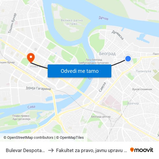 Bulevar Despota Stefana to Fakultet za pravo, javnu upravu i bezbednost map