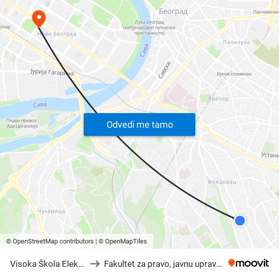 Visoka Škola Elektrotehnike to Fakultet za pravo, javnu upravu i bezbednost map