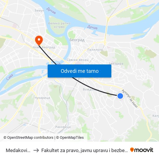 Medaković 3 to Fakultet za pravo, javnu upravu i bezbednost map