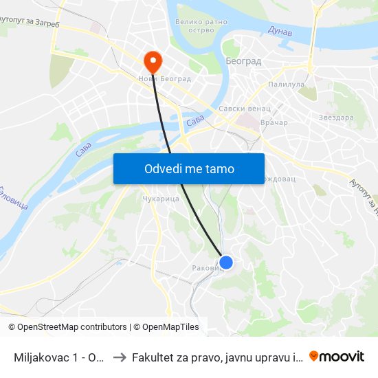 Miljakovac 1 - Okretnica to Fakultet za pravo, javnu upravu i bezbednost map