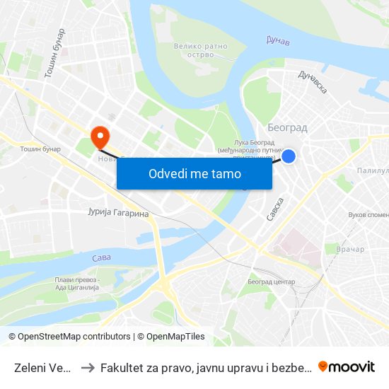 Zeleni Venac to Fakultet za pravo, javnu upravu i bezbednost map