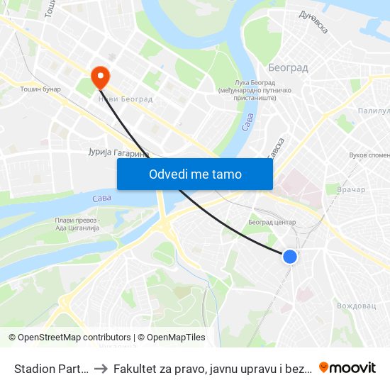 Stadion Partizan to Fakultet za pravo, javnu upravu i bezbednost map