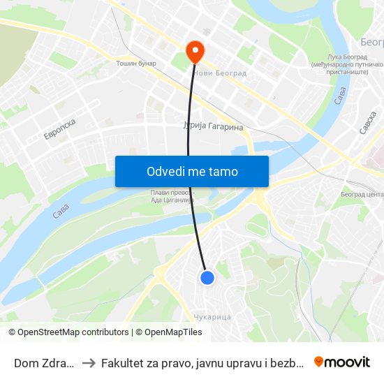 Dom Zdravlja to Fakultet za pravo, javnu upravu i bezbednost map