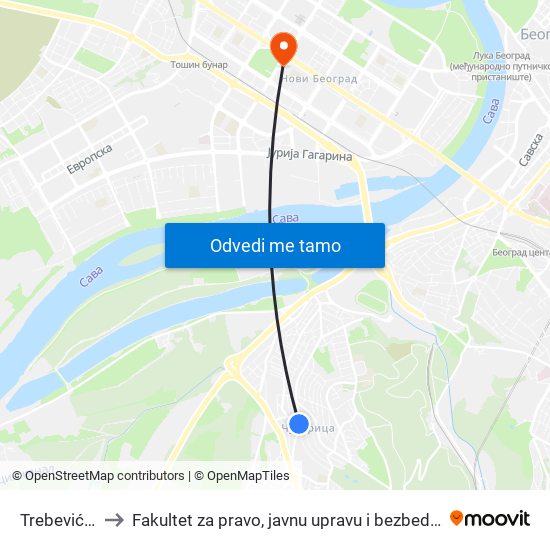 Trebevićka to Fakultet za pravo, javnu upravu i bezbednost map