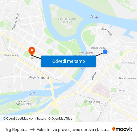 Trg Republike to Fakultet za pravo, javnu upravu i bezbednost map