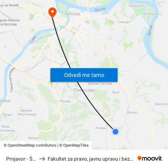 Prnjavor - Škola to Fakultet za pravo, javnu upravu i bezbednost map