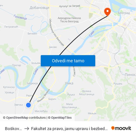 Boškovići to Fakultet za pravo, javnu upravu i bezbednost map