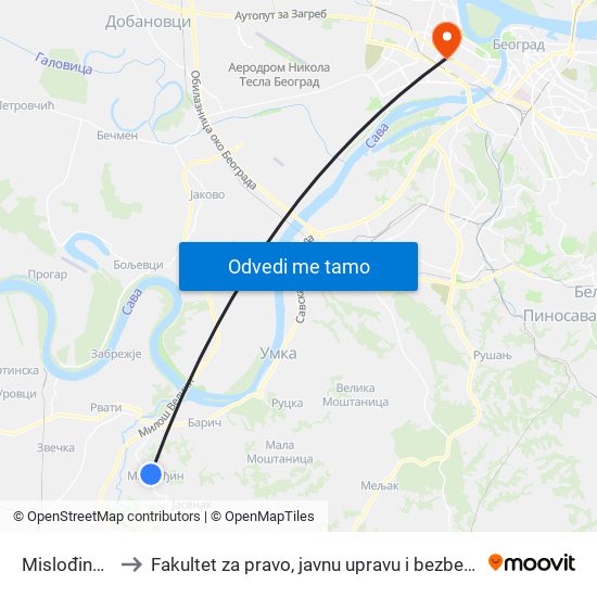 Mislođinska to Fakultet za pravo, javnu upravu i bezbednost map